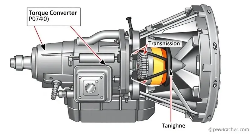 A detailed illustration of a car's transmission system, highlighting the P0740 error code related to the Torque Converter. Include diagrams of the torque converter, transmission fluid, and relevant sensors. Focus on clarity and technical accuracy.