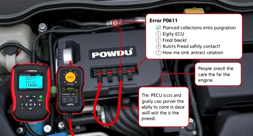 A detailed illustration of a car's engine control unit (ECU) with various diagnostic tools connected, highlighting the P0611 error code. Focus on the electronic components and wiring.