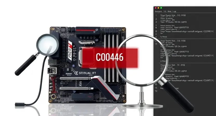 A high-quality technical illustration showing a computer motherboard with highlighted error code C0046, diagnostic tools like a magnifying glass and error logs, clean white background, professional lighting, no text or numbers on the image