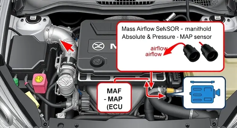 A detailed illustration of a car's engine bay, highlighting the Mass Airflow Sensor (MAF) and Manifold Absolute Pressure (MAP) sensor. Arrows should point to these components, indicating airflow and pressure measurements. Include a simplified diagram showing how the MAF and MAP sensors feed data to the engine control unit (ECU). Focus on clean, technical representation of the components and their connections.