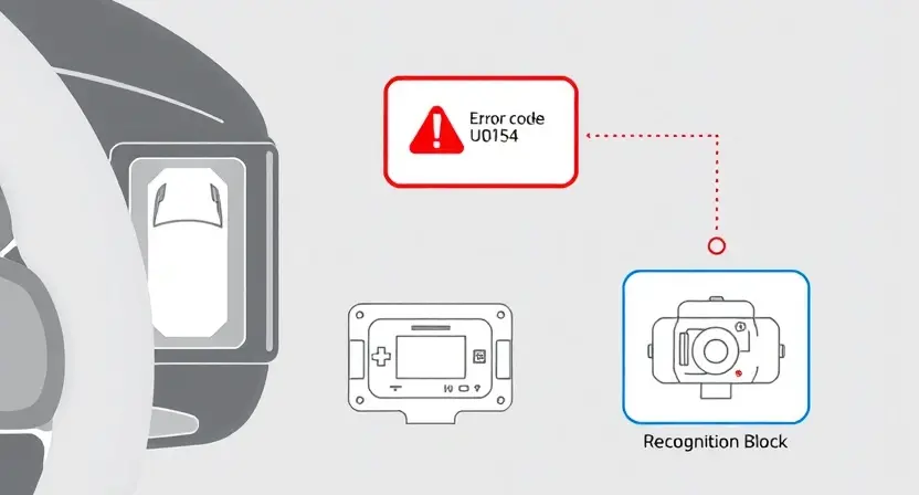 A high-quality technical illustration showing a vehicle's diagnostic system with a warning indicator for error code U0154, featuring a stylized representation of a communication link between the vehicle's central module and the recognition block, clean lines, technical diagrams, no text or numbers visible, neutral color palette, professional automotive service context