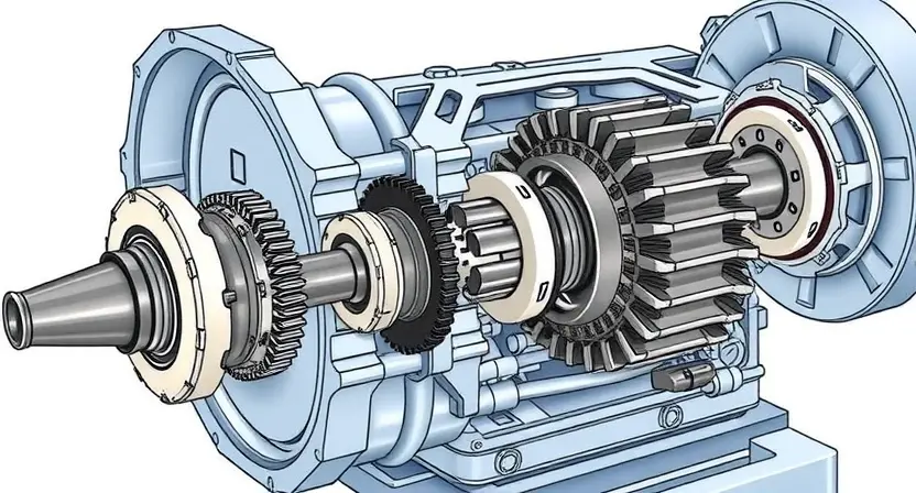 A detailed illustration of a transmission system with a close-up focus on the friction element labeled 'D'. The illustration should clearly show the internal components of the transmission, highlighting the friction element's role in gear engagement. The background should be a clean, technical environment.
