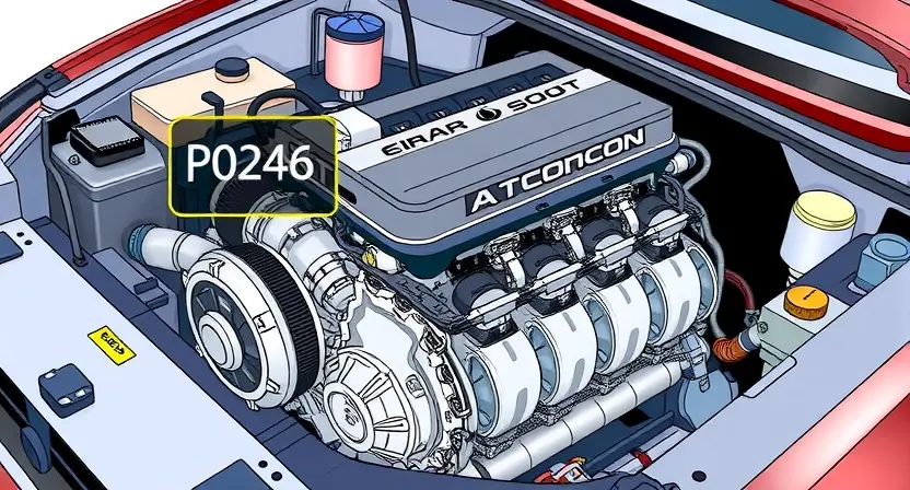 A detailed illustration depicting a car engine with a highlighted P0246 error code indicator. The engine should be shown from a slightly elevated angle, showcasing various components like the crankshaft, camshaft, and sensors. Include visual cues representing both electrical and mechanical aspects of the error, such as a glowing light next to the code and subtle visual representations of potential mechanical issues (e.g., a slightly misaligned component).