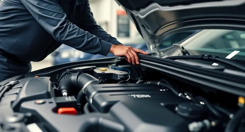 A mechanic working on a car's engine, focusing on the diagnostic port and wiring. The scene should convey a sense of professional repair and technical expertise. The car should be a modern sedan in a well-lit garage.