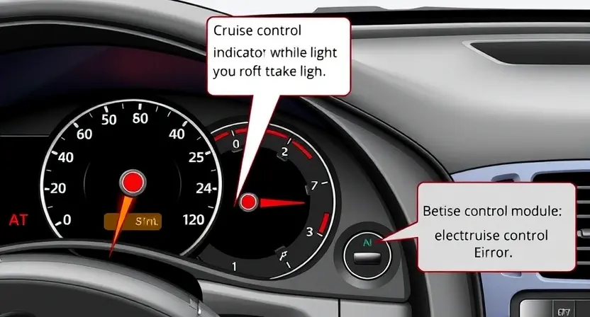 A detailed illustration of a car's dashboard with the cruise control system highlighted. Show the cruise control indicator light illuminated and a potential error message displayed on the instrument cluster. Focus on the electronic components and wiring related to the cruise control module.