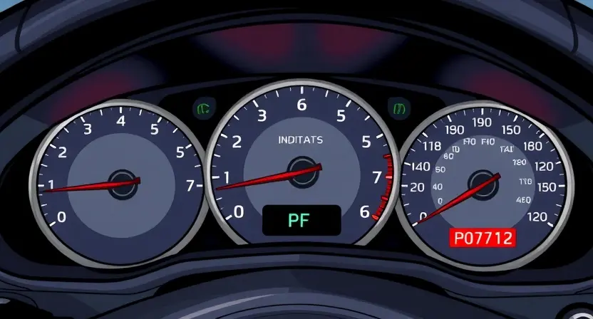 A detailed illustration of a car's dashboard with a diagnostic light illuminated, specifically the P0712 code indicator. The dashboard should show various gauges and warning lights, with the P0712 light highlighted. Focus on clarity and accuracy in representing the dashboard elements.