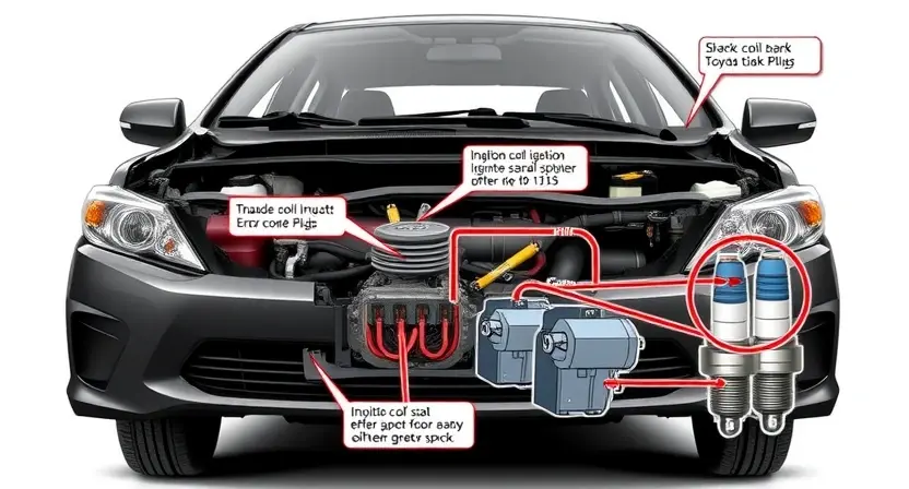 A high-quality technical illustration of a Toyota vehicle's ignition system showing the components involved in error code P1315, with clear labels and diagrams highlighting the ignition coil, spark plugs, and wiring, set against a clean background to emphasize automotive repair concepts