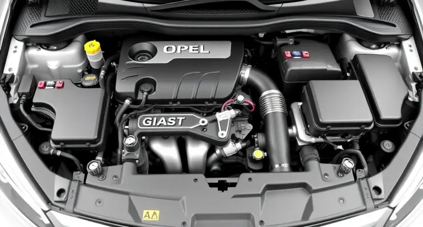 A detailed, realistic image of the engine compartment of a modern Opel or Chevrolet car, focusing on the throttle body and associated vacuum hoses. The engine should be clean and well-lit, showcasing the mechanical components. Highlight the area around the throttle body where the P1112 error code might be related.