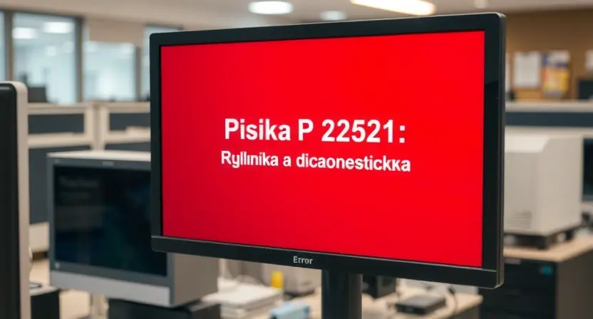 A computer screen displaying an error message "Ошибка P2521: причины и диагностика". The screen should show a technical error message with a red background and white text. Surrounding the screen, a blurred office environment with a desk and computer equipment is visible.