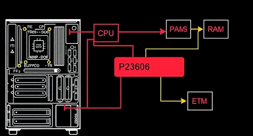 A detailed schematic diagram illustrating a computer system with a highlighted P2806 error message. The diagram should show components like the motherboard, CPU, RAM, and storage devices, with arrows indicating data flow. The P2806 error should be visually emphasized, perhaps with a red border or a warning symbol.