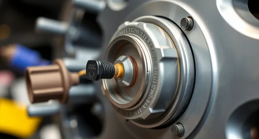 A close-up, detailed image of a car's front left wheel hub assembly. Focus on the speed sensor and its wiring connection. The background should be blurred, suggesting a workshop environment. The image should highlight the sensor's position and connection to the wheel hub.