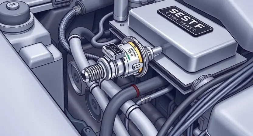 A detailed illustration of an oxygen sensor in a car engine, highlighting the sensor itself, wiring, and the engine's internal components. Focus on the sensor's physical appearance and its connection to the engine.