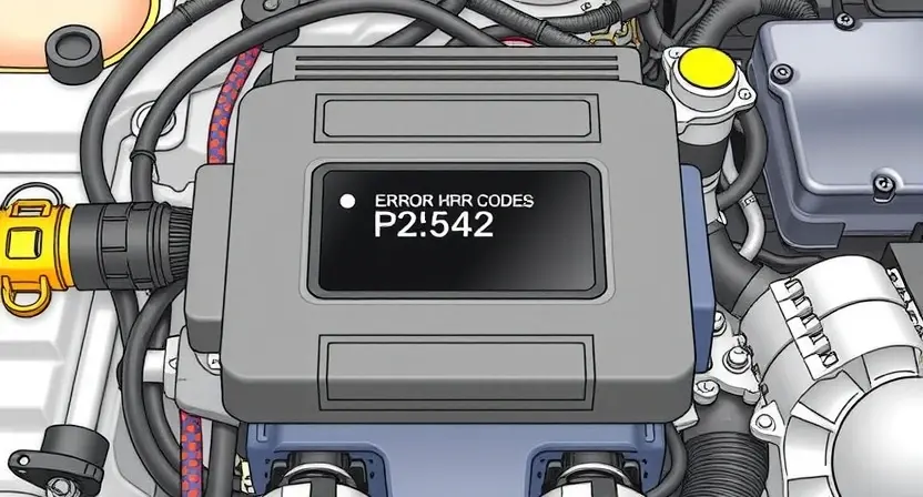 A detailed illustration of an automotive engine control unit (ECU) with various sensors and wiring. Focus on the diagnostic interface displaying error codes, specifically P2542. The background should be a clean, technical environment.