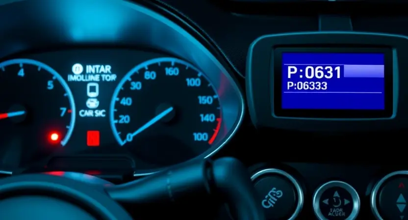 A car dashboard with a glowing immobilizer warning light, a key fob near the ignition, and a diagnostic scanner displaying error code P0633, all in a realistic automotive repair setting with soft ambient lighting
