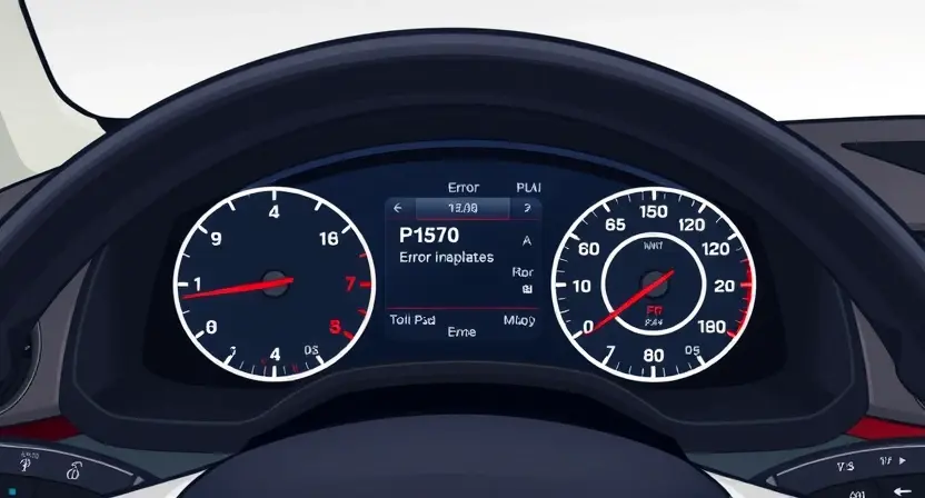 A detailed illustration of an automotive dashboard displaying a P1570 error code. The dashboard should show the error message clearly, along with relevant warning lights and diagnostic information. The car's interior should be visible, focusing on the dashboard area.