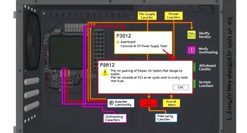 A detailed schematic diagram illustrating a P2812 error code in a computer system. The diagram should show the affected component (likely a power supply or motherboard), the error's impact on system functionality, and potential causes like overheating or faulty capacitors. Include visual cues representing diagnostic tools and troubleshooting steps.