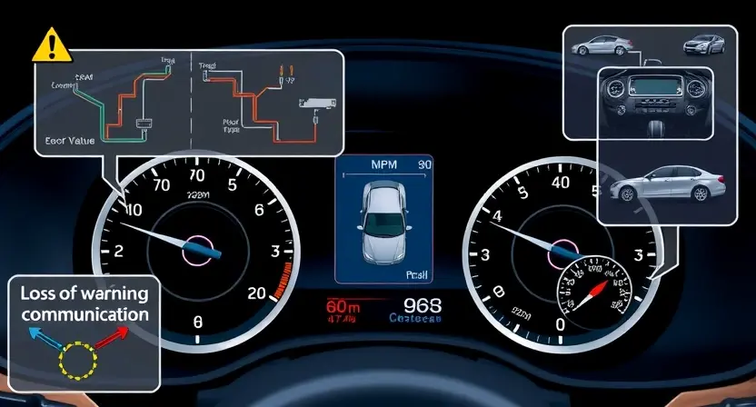 A high-quality technical illustration showing a car's instrument cluster with a warning indicator for loss of communication with the vehicle's information display, schematic wiring diagrams, and diagnostic tools, rendered in the style "HQ-832-448-h"