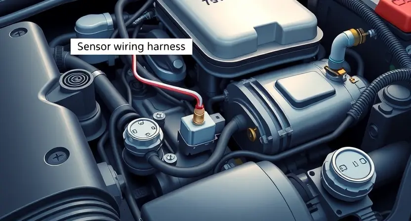 A detailed illustration of an automotive engine bay, focusing on the sensor wiring harness and the position sensor itself. The image should clearly depict the wiring connections, the sensor unit, and the surrounding components. The lighting should be realistic, highlighting the details of the engine components.