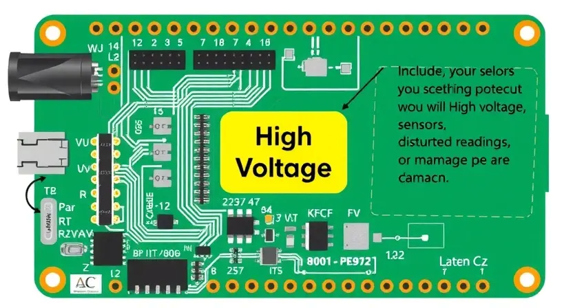 A detailed illustration of a sensor circuit board with a highlighted area indicating high voltage. Include visual cues representing the sensor and its connection to a measurement system. Show potential consequences of high voltage, such as distorted readings or damage to components.