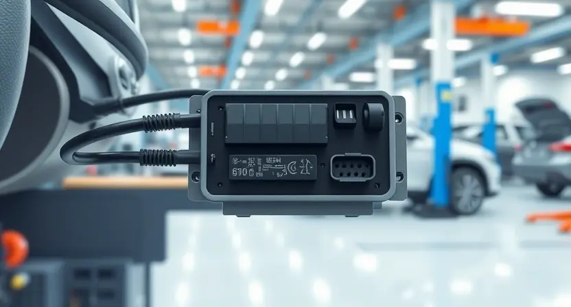 A high-quality technical illustration showing a vehicle's parking system control module with visible wiring harnesses and connectors, clean digital interface elements, professional automotive repair shop background, precise engineering details, sharp focus, realistic lighting, no text or numbers on image