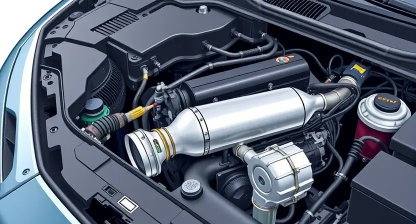 A detailed illustration of a car engine bay with various components clearly visible, highlighting the catalytic converter and associated wiring. The engine should be in a neutral state, not running. Focus on technical accuracy and clarity.
