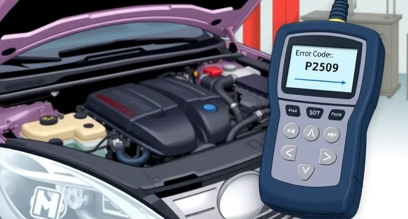 A detailed illustration of a diagnostic scanner connected to a car's engine. The scanner's screen displays error codes, specifically P2509. The car's engine is visibly detailed, showing potential areas of concern. The background is a clean, professional workshop environment.