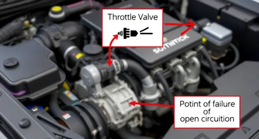 A detailed illustration of a car's engine bay, focusing on the throttle valve actuator circuit. Show a diagrammatic representation of the circuit with components like the throttle valve, sensor, wiring, and the potential point of failure (open circuit). The background should be a slightly blurred view of the engine components.