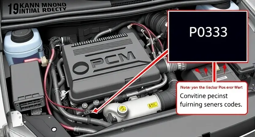 A detailed illustration of a car's engine bay, focusing on the PCM (Powertrain Control Module) and related wiring. The PCM should be clearly visible, with associated sensors and connectors highlighted. Include a visual representation of the P0233 error code displayed on a dashboard or diagnostic screen. The overall aesthetic should be clean and informative, suitable for a technical guide.