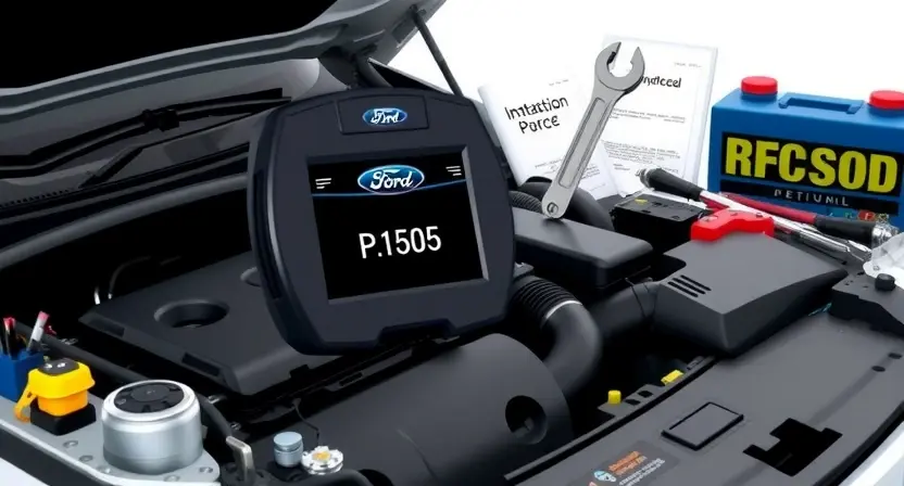 A high-quality technical illustration showing a Ford vehicle engine bay with a diagnostic scanner displaying error code P1505, surrounded by maintenance tools and service manuals, clean background, professional lighting