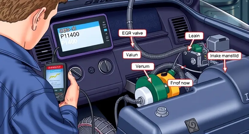A detailed technical illustration of a car engine diagnostic system, showing a mechanic using an OBD-II scanner connected to a vehicle's dashboard, with error code P1400 displayed on the scanner screen, surrounded by labeled components like the EGR valve, vacuum hoses, and intake manifold, in a clean, well-lit garage environment, realistic style, high detail, no text or numbers visible except the error code P1400 on the scanner display