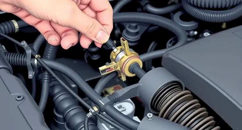 A close-up, detailed illustration of a car engine bay. Focus on the engine coolant temperature sensor and its wiring harness. Show a mechanic's hand carefully inspecting the connections and wiring for damage or corrosion. Include relevant engine components like hoses and belts, but keep the focus on the sensor and wiring. The overall lighting should be bright and clear, highlighting the details of the components.