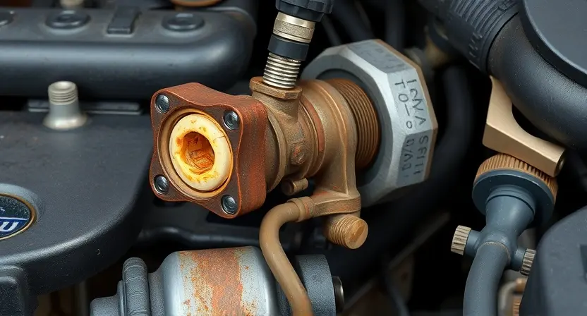 A close-up of a Subaru engine bay showing a corroded and stuck valve, with visible rust and mechanical parts, realistic technical illustration, high detail