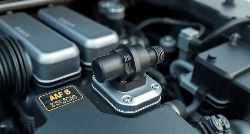 A close-up, detailed illustration of a car's engine bay with a focus on the mass airflow sensor (MAF sensor). The sensor should be clearly visible, with surrounding engine components subtly in focus. The overall lighting should be bright and clean, highlighting the sensor's details.
