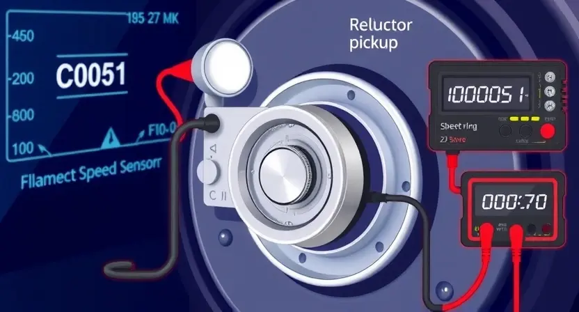 A close-up technical illustration of a vehicle speed sensor mounted on a wheel hub, showing internal components like a reluctor ring and magnetic pickup, with diagnostic tools such as a multimeter and oscilloscope connected to its wiring harness, displaying error code C0051 on a digital dashboard screen in the background, all rendered in a clean, professional technical style with blueprint-like annotations and subtle circuit diagram overlays