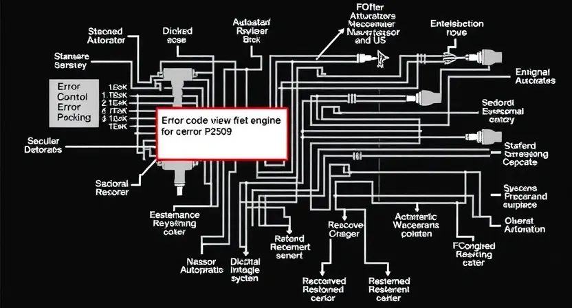 A detailed schematic diagram illustrating the P2509 error code in a vehicle's engine control unit (ECU). The diagram should show the relevant sensors, actuators, and wiring related to the error, with clear labels and annotations. Include a visual representation of the error code itself, perhaps highlighted in a distinct color.