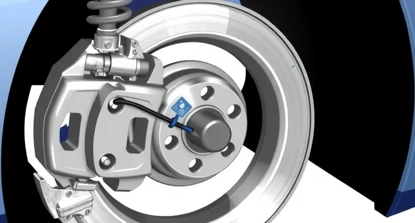 A detailed illustration of a car's front right wheel assembly, highlighting the ABS speed sensor. The sensor should be clearly visible, connected to the wheel hub, and the surrounding components (brake rotor, suspension parts) should be realistically depicted. Focus on the sensor's physical appearance and its position within the wheel system.