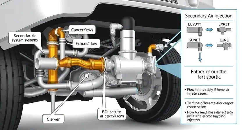 A high-quality technical illustration of a vehicle's secondary air injection system, showing the components and flow of exhaust gases, with clear labels and diagrams, in the style HQ-832-448-h