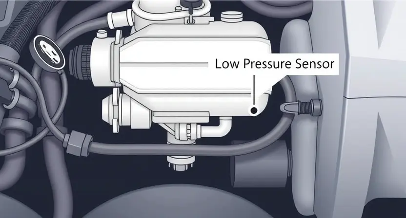 A detailed illustration of a car's fuel system, highlighting the low-pressure fuel pump and fuel pressure sensor. Include visual cues indicating a potential issue, such as a slightly discolored fuel line or a sensor with a subtle error indicator. Focus on clarity and technical accuracy.