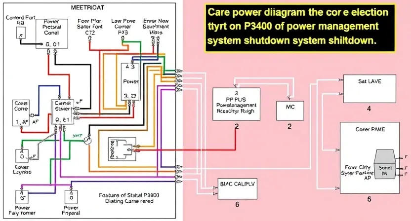 A detailed schematic diagram of a car's electronic control system, highlighting the P3400 error code and its connection to the power supply. Focus on the wiring and components related to power management and system shutdown. The diagram should be clean, well-organized, and easy to understand, emphasizing the electrical connections.