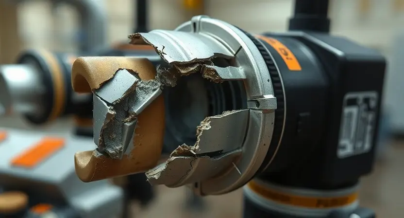 A close-up of a damaged sensor with visible mechanical damage such as cracks, dents, or broken components, set against a neutral industrial background, emphasizing the critical failure state without any text, labels, or digital overlays