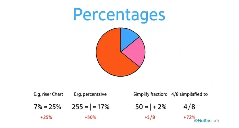 A visual representation of percentages, showing a pie chart divided into segments representing different percentages (e.g., 25%, 50%, 75%). Below the pie chart, show examples of converting percentages to fractions (e.g., 25% as 1/4) and simplifying fractions (e.g., 4/8 simplified to 1/2). The overall aesthetic should be clean and informative, suitable for an educational context.