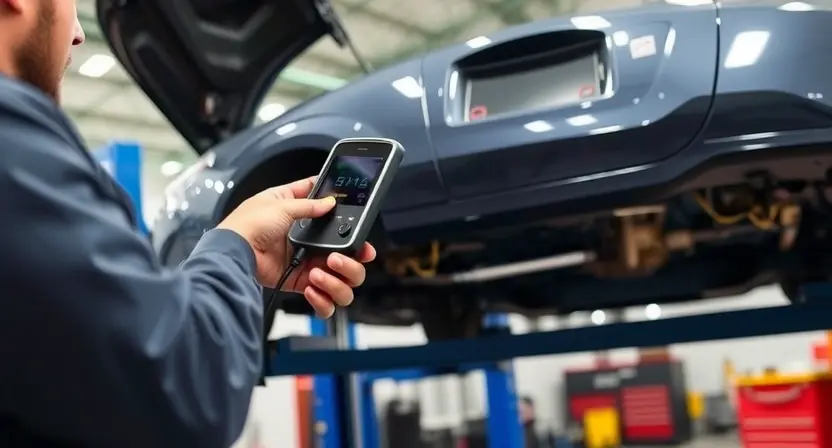 A mechanic using a diagnostic scanner to check a car's computer system. The car is lifted on a hydraulic lift, revealing the engine compartment. Focus on the mechanic's hands interacting with the scanner and the car's dashboard. The background shows a well-lit auto repair shop with tools and equipment.