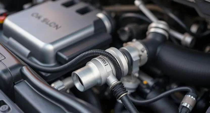A close-up of a car's engine bay, focusing on the oxygen sensor (A/F sensor) and related wiring. The engine should be clean and well-lit, showcasing the sensor's location and connections. Include a subtle visual representation of exhaust gases flowing near the sensor to indicate its function.