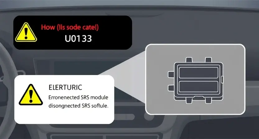 A technical illustration of a vehicle's diagnostic system showing an error code U0153 with a warning icon and a schematic of a disconnected SRS module, rendered in high quality with clear labels and no text or numbers on the image