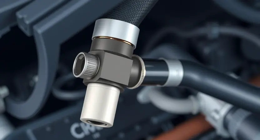 A close-up, detailed illustration of an oxygen sensor, highlighting its components and connections within a car's exhaust system. The background should subtly suggest a car engine compartment. Focus on the sensor's physical form and its placement near the exhaust pipe.