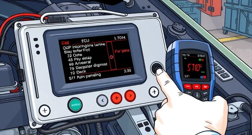 A detailed illustration of an engine control unit (ECU) with various diagnostic tools connected to it. The ECU should display error codes, and a mechanic's hand should be shown interacting with a diagnostic scanner. The background should be a workshop setting with tools and equipment.