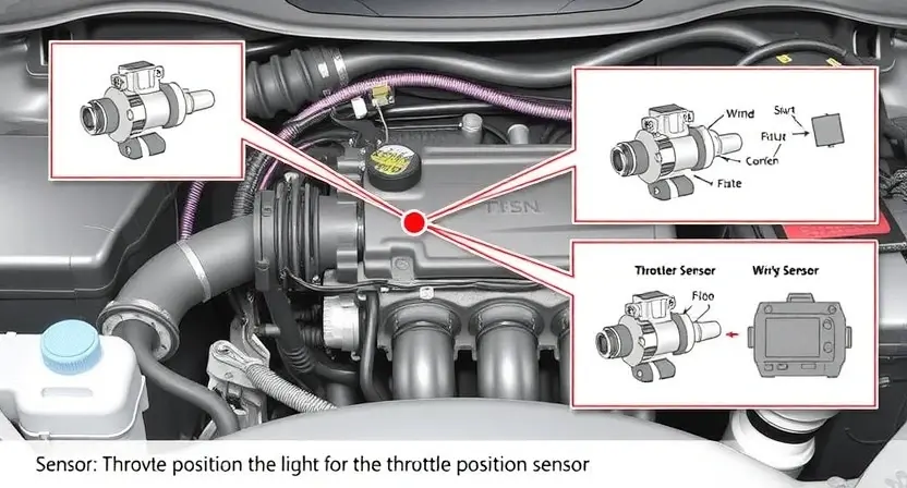 A detailed illustration of an automotive engine bay, focusing on the throttle position sensor. The sensor should be clearly visible, with wiring and connections highlighted. Include diagnostic tools like a scan tool and a multimeter in the background. The overall scene should convey a sense of technical inspection and troubleshooting.