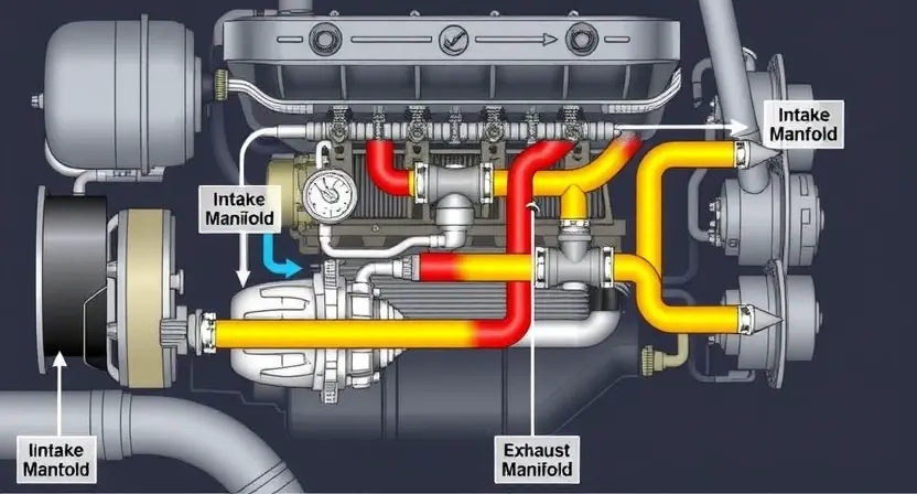 A detailed diagram illustrating a car engine's exhaust gas recirculation (EGR) system. The diagram should clearly show the EGR valve, intake manifold, exhaust manifold, and the flow of exhaust gases back into the intake. Use color-coding to differentiate components and gases. Focus on mechanical components and connections.