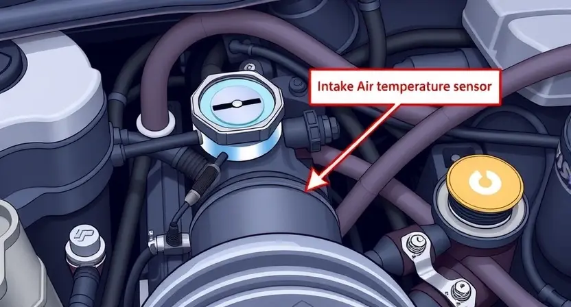 A close-up, detailed illustration of a car engine bay, focusing on the intake manifold and the area around the Intake Air Temperature (IAT) sensor. The sensor should be clearly visible, along with associated hoses and wiring. The overall scene should convey a sense of automotive mechanics and diagnostics.