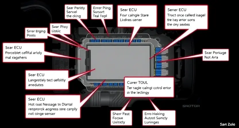 A detailed schematic diagram illustrating a car's engine control unit (ECU) with highlighted areas representing potential error codes and diagnostic tools. Include visual representations of sensors and actuators connected to the ECU.